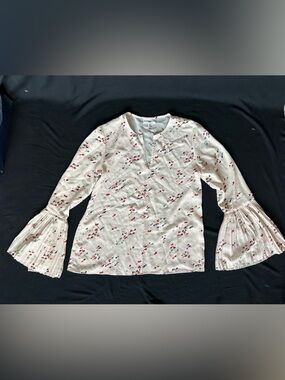 Waverly Grey Cream Floral Bell-Sleeve Blouse with Red & Blue Accents made in USA